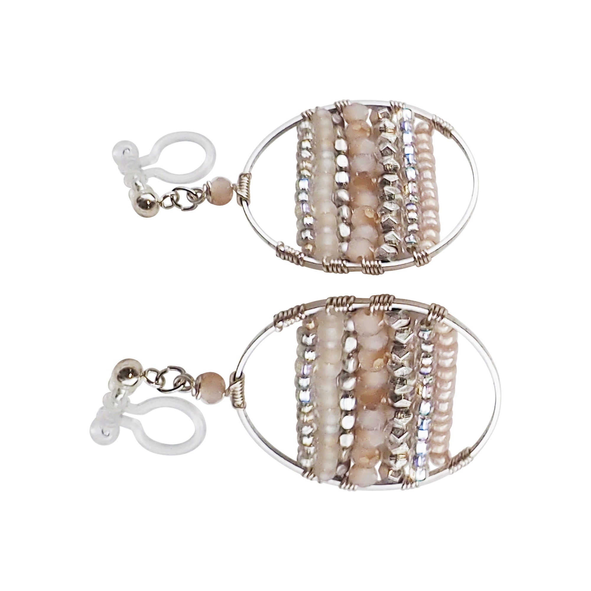 Pink Beaded Hoop Invisible Clip On Earrings (Silver tone) - Miyabi Grace