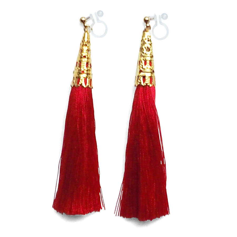 Long Red Tassel Invisible Clip On Earrings - miyabigracejewelry.com