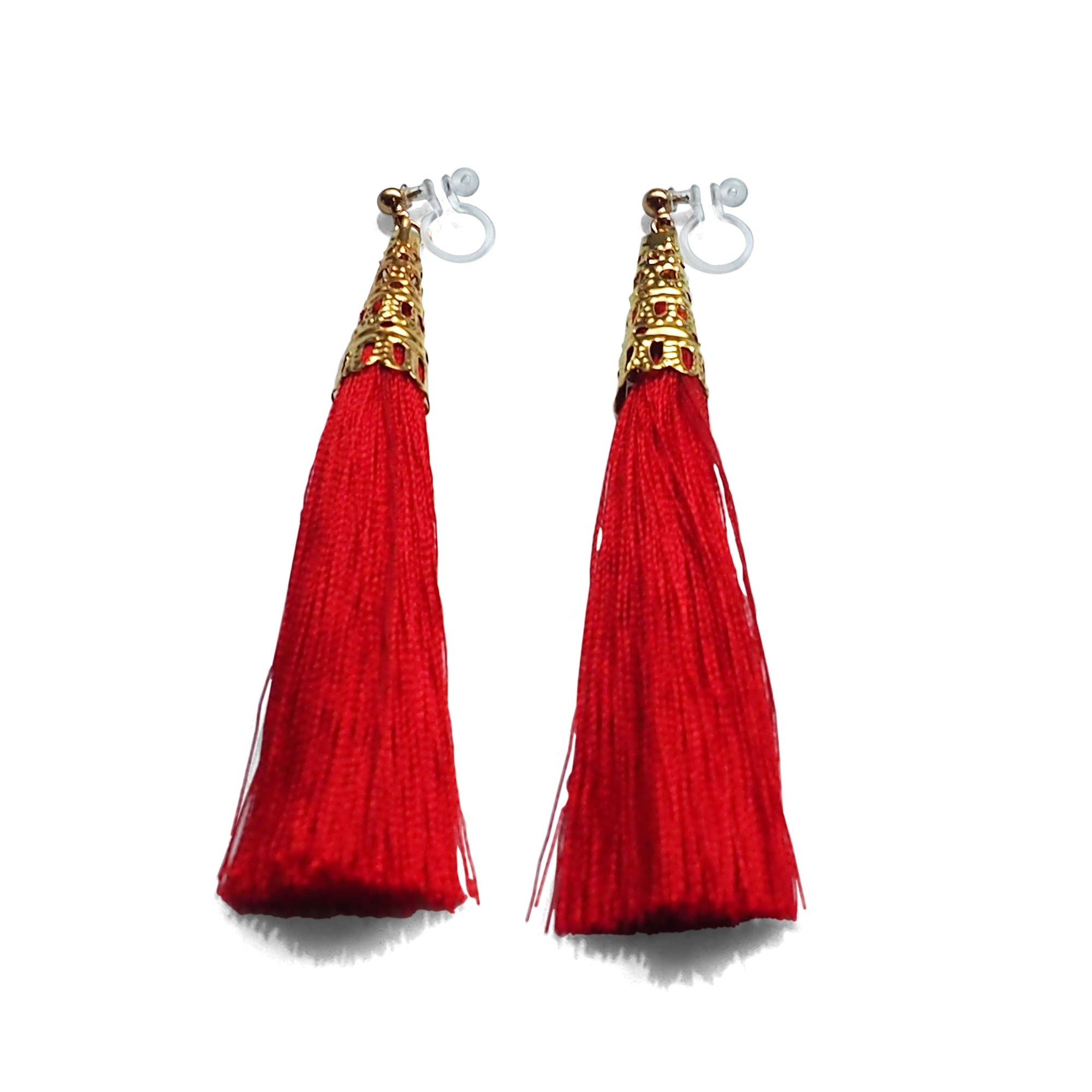 Long Red Tassel Invisible Clip On Earrings - miyabigracejewelry.com