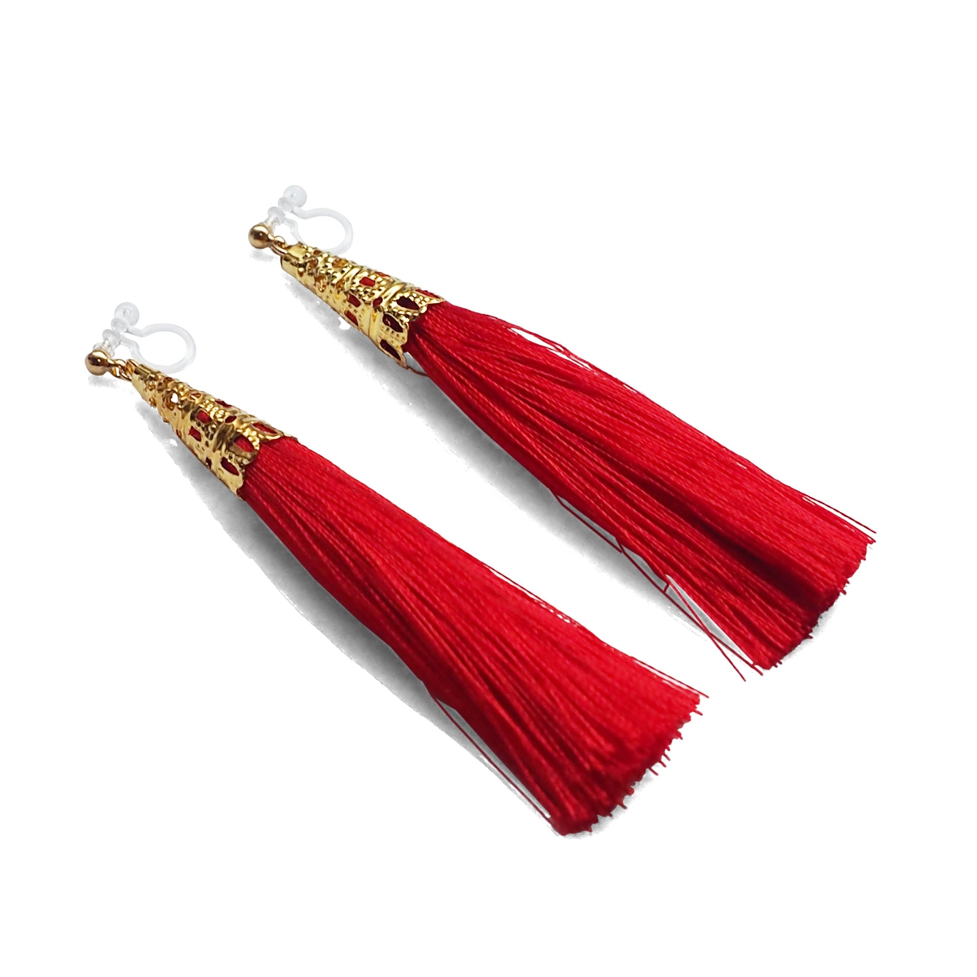 Long Red Tassel Invisible Clip On Earrings - miyabigracejewelry.com