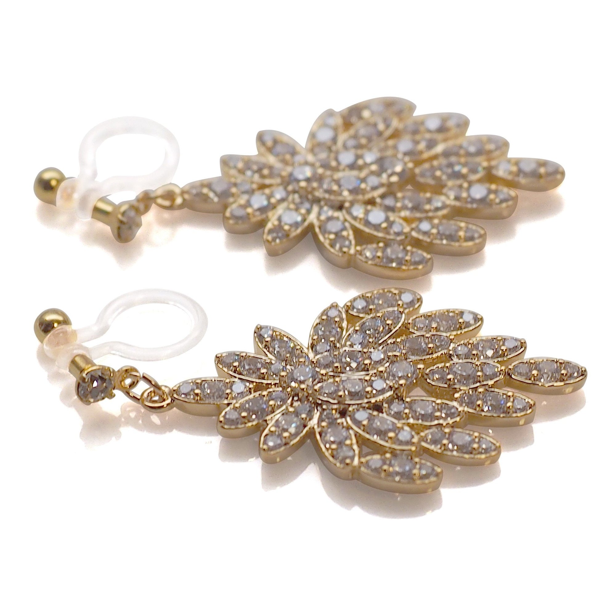 Bridal flower micro pave cubic zirconia invisible clip on earrings ( gold tone ) - miyabigracejewelry.com
