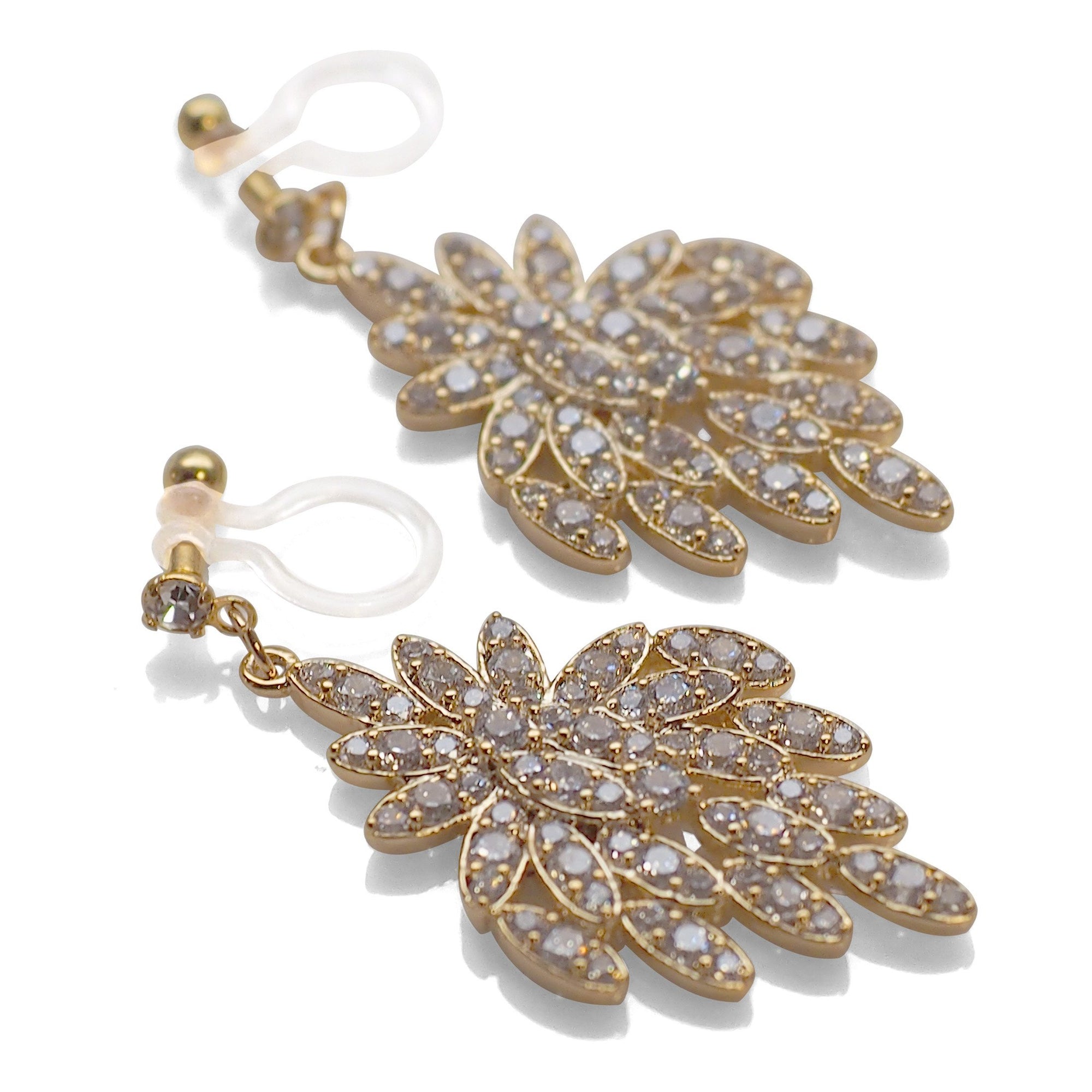Bridal flower micro pave cubic zirconia invisible clip on earrings ( gold tone ) - miyabigracejewelry.com