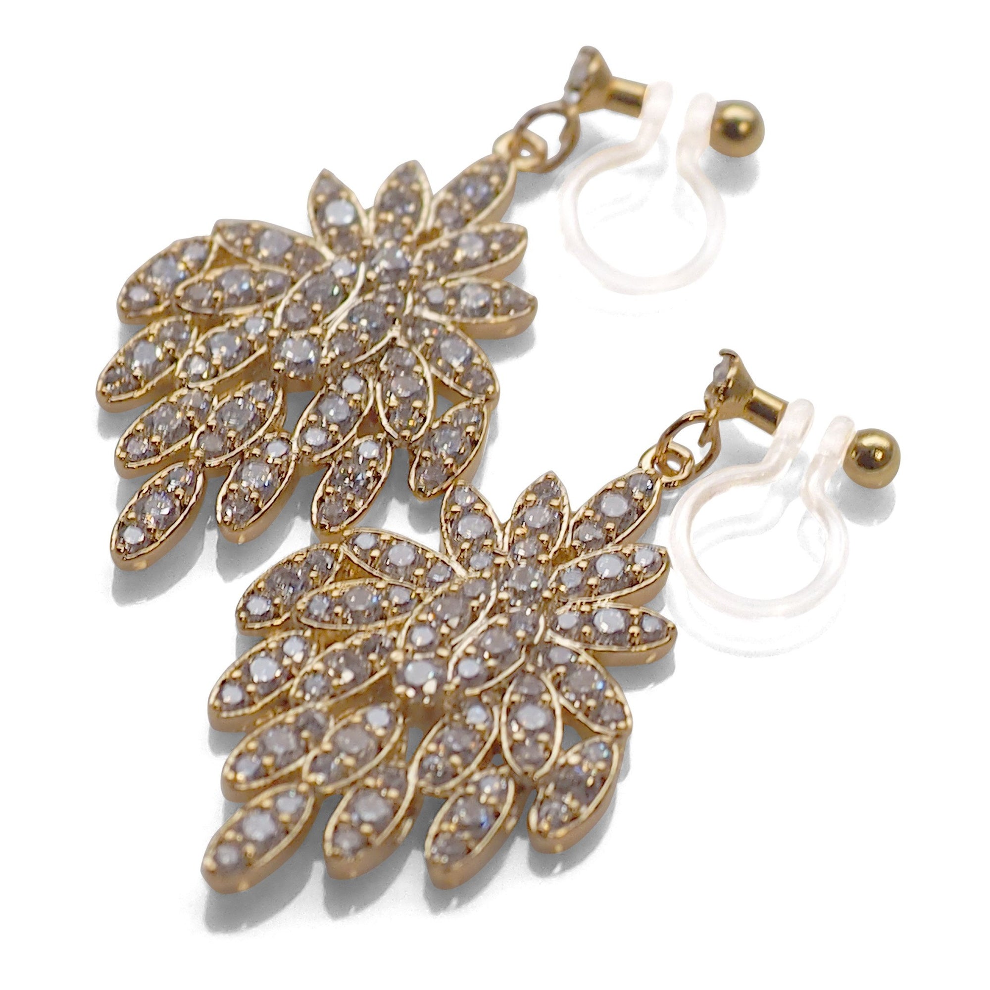 Bridal flower micro pave cubic zirconia invisible clip on earrings ( gold tone ) - miyabigracejewelry.com