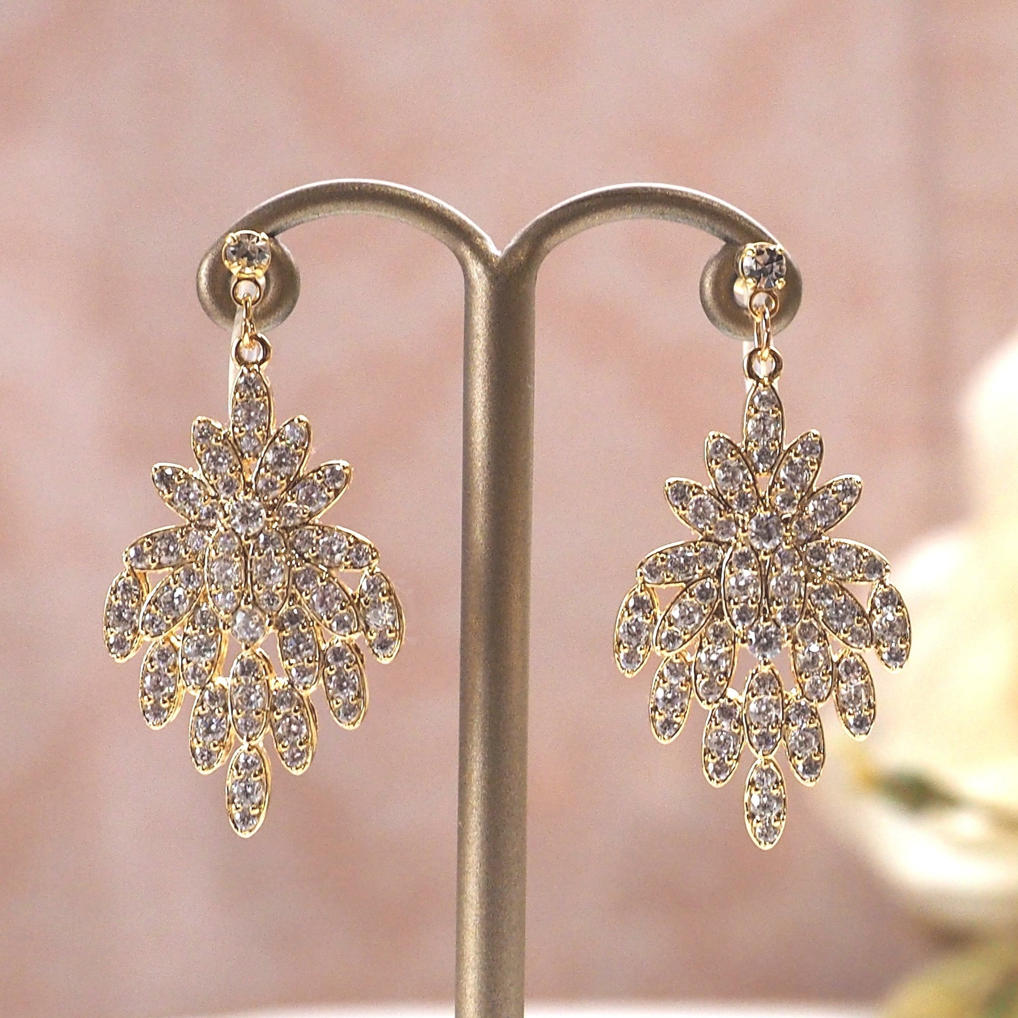 Bridal flower micro pave cubic zirconia invisible clip on earrings ( gold tone ) - miyabigracejewelry.com
