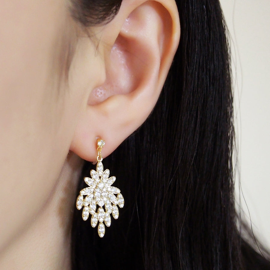 Bridal flower micro pave cubic zirconia invisible clip on earrings ( gold tone ) - miyabigracejewelry.com