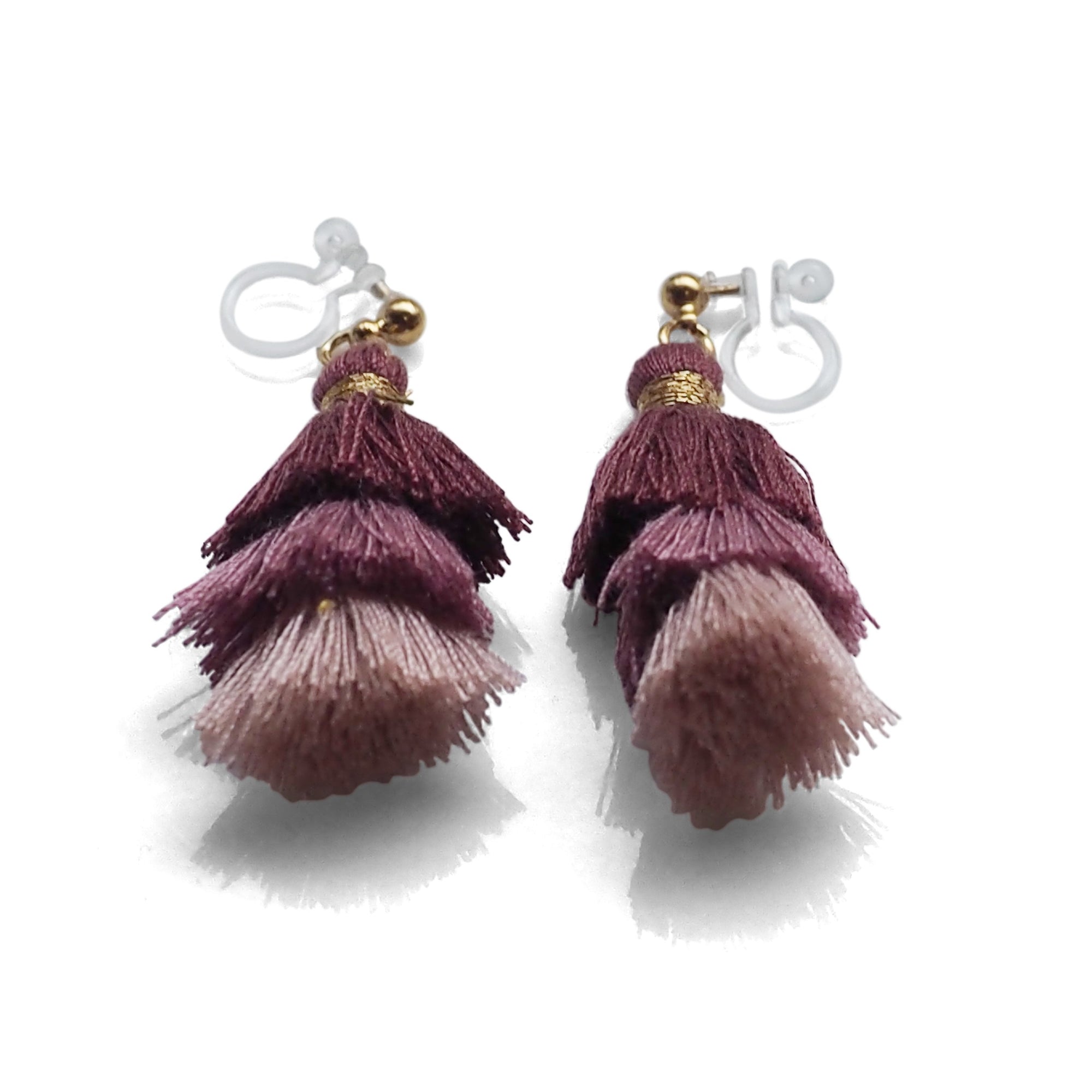 Three Layered Ombre Stacked Pink Tiered Tassel Invisible Clip On Earrings - miyabigracejewelry.com