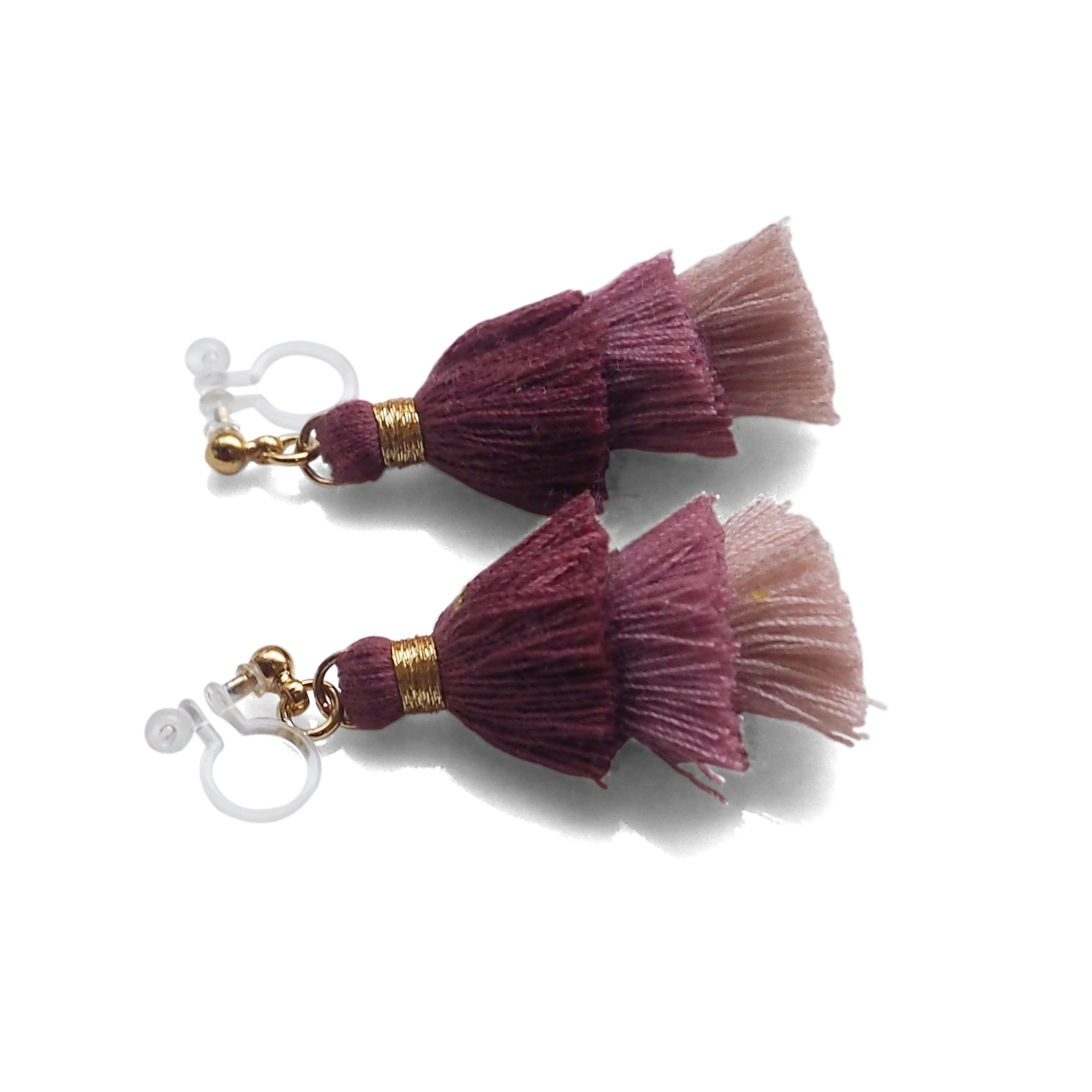 Three Layered Ombre Stacked Pink Tiered Tassel Invisible Clip On Earrings - miyabigracejewelry.com