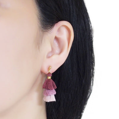 Three Layered Ombre Stacked Pink Tiered Tassel Invisible Clip On Earrings - miyabigracejewelry.com