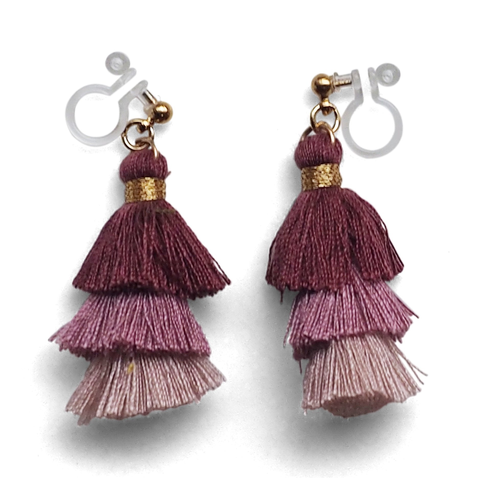 Three Layered Ombre Stacked Pink Tiered Tassel Invisible Clip On Earrings - miyabigracejewelry.com