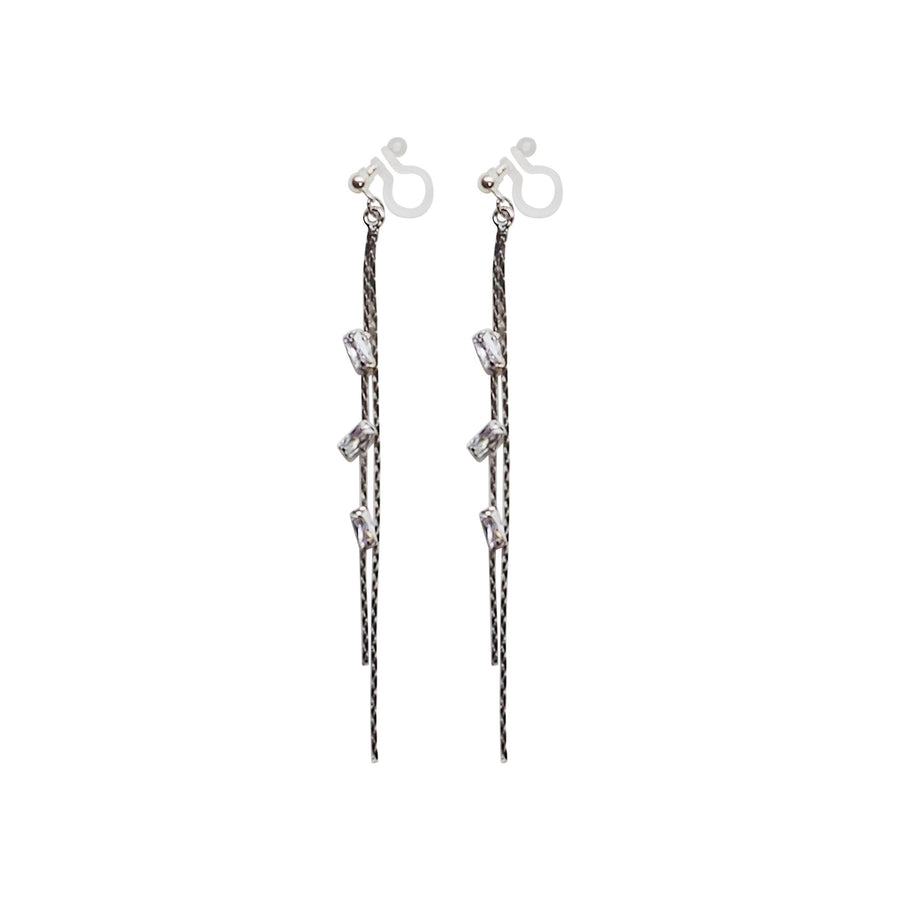 Silver chain rhinestone crystal dangle invisible clip on earrings - Miyabi Grace