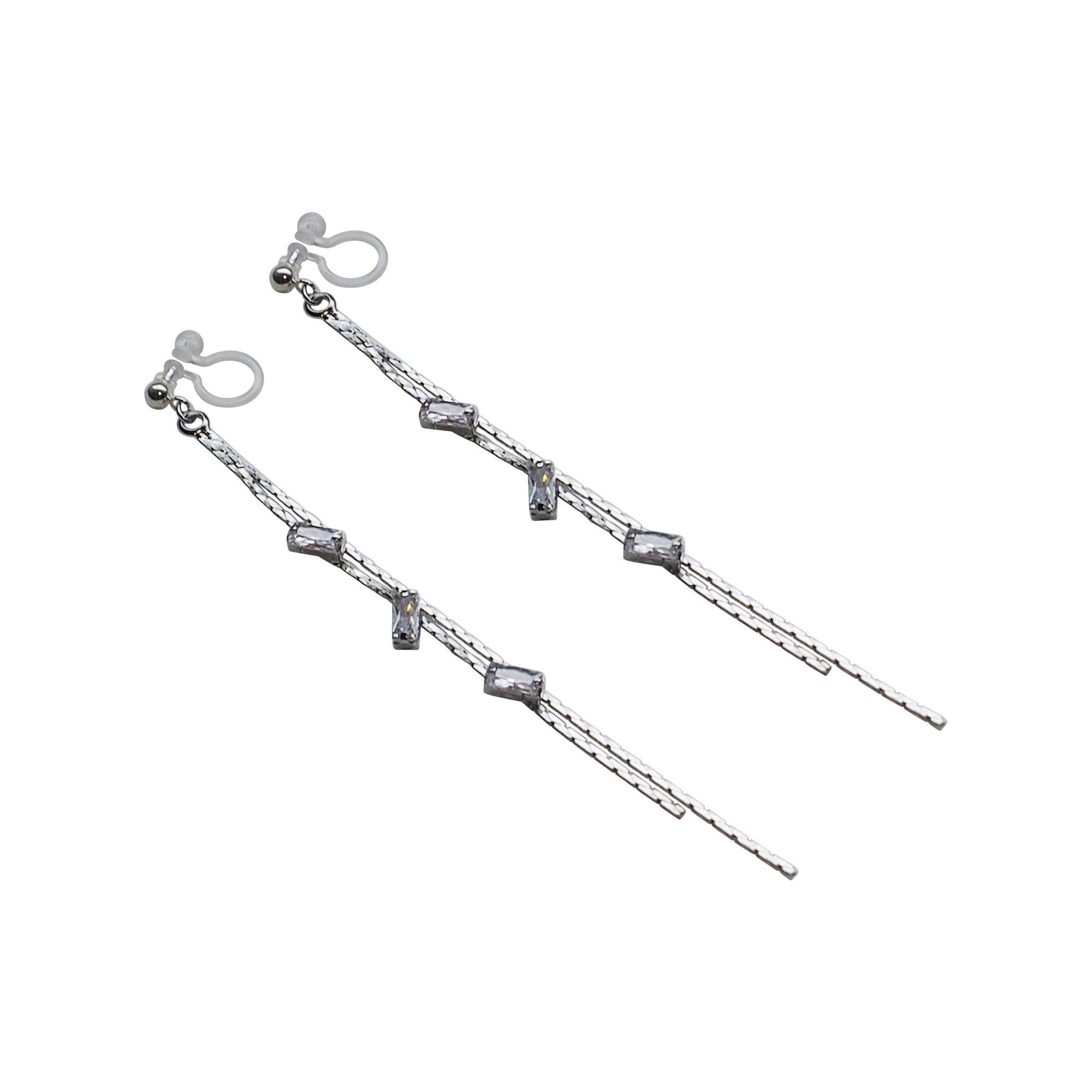 Silver chain rhinestone crystal dangle invisible clip on earrings - Miyabi Grace
