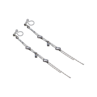 Silver chain rhinestone crystal dangle invisible clip on earrings - Miyabi Grace