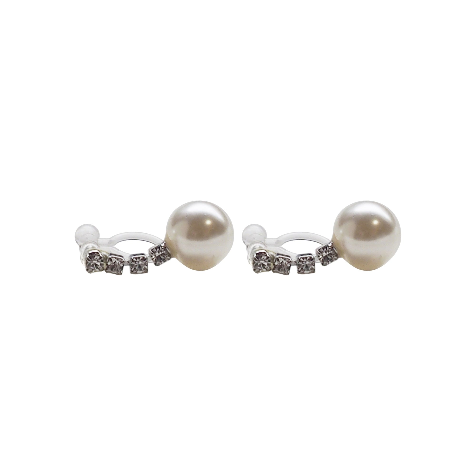 Dangle White Pearl & Crystal Invisible Clip On Earrings (Silver tone) - Miyabi Grace
