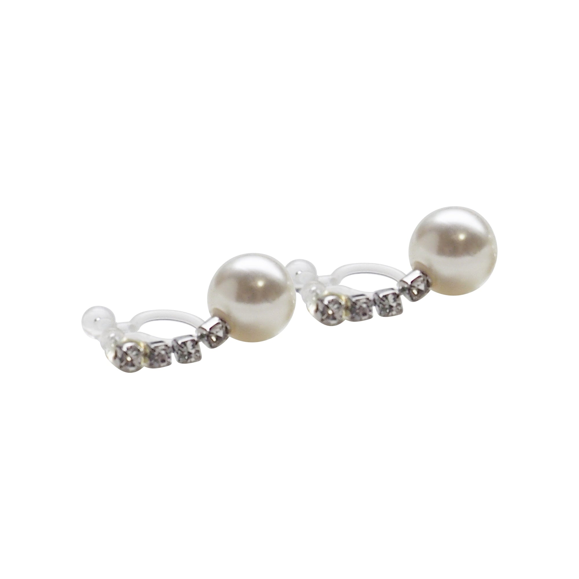 Dangle White Pearl & Crystal Invisible Clip On Earrings (Silver tone) - Miyabi Grace