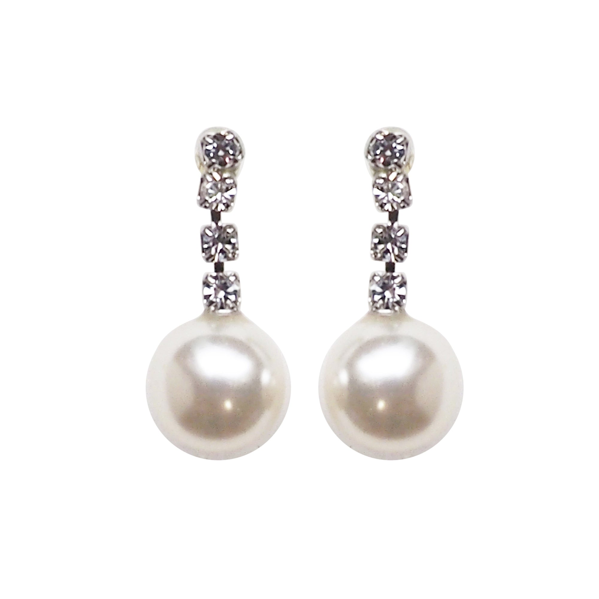 Dangle White Pearl & Crystal Invisible Clip On Earrings (Silver tone) - Miyabi Grace
