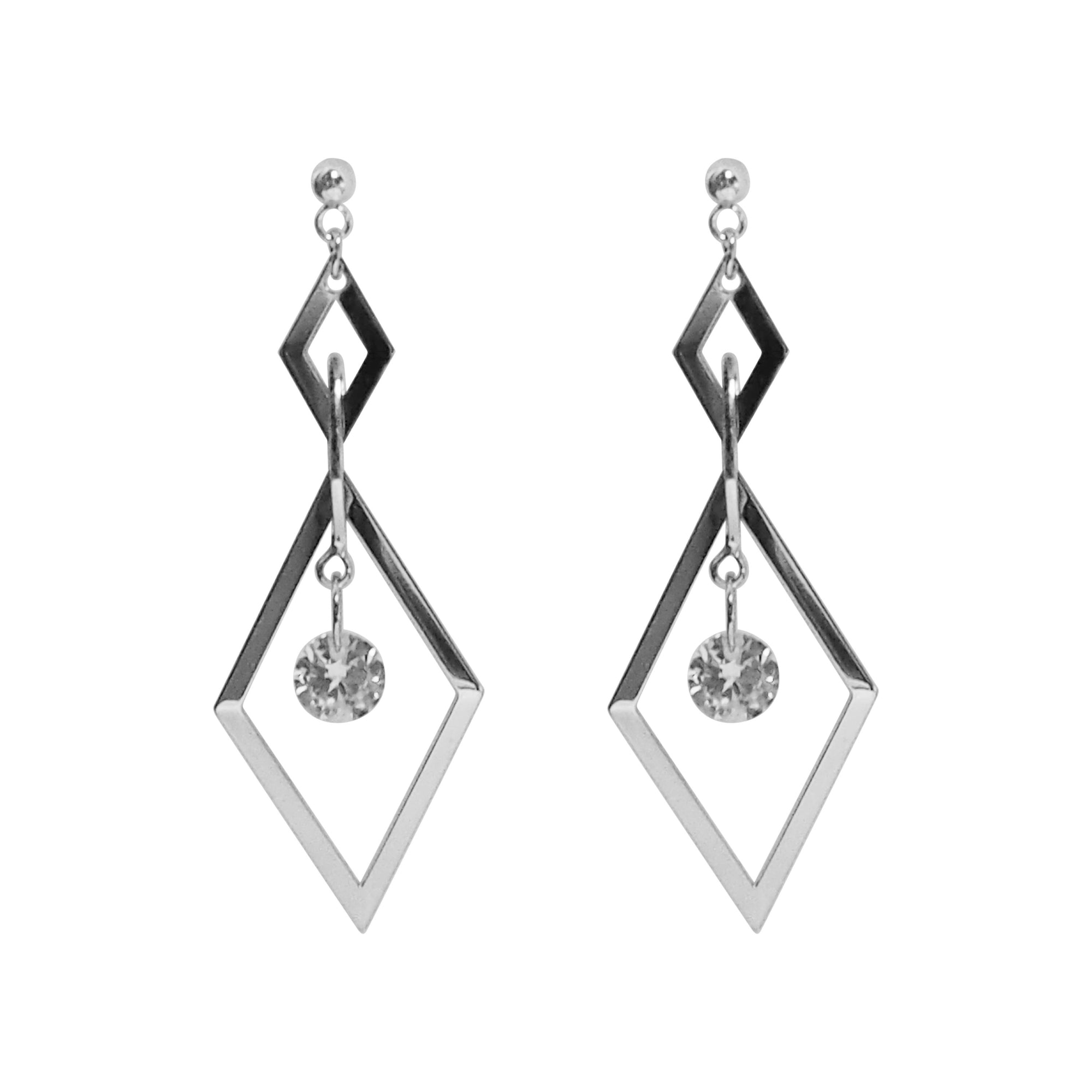Silver diamond shape hoop cubic zirconia crystal dangle invisible clip on earrings - Miyabi Grace