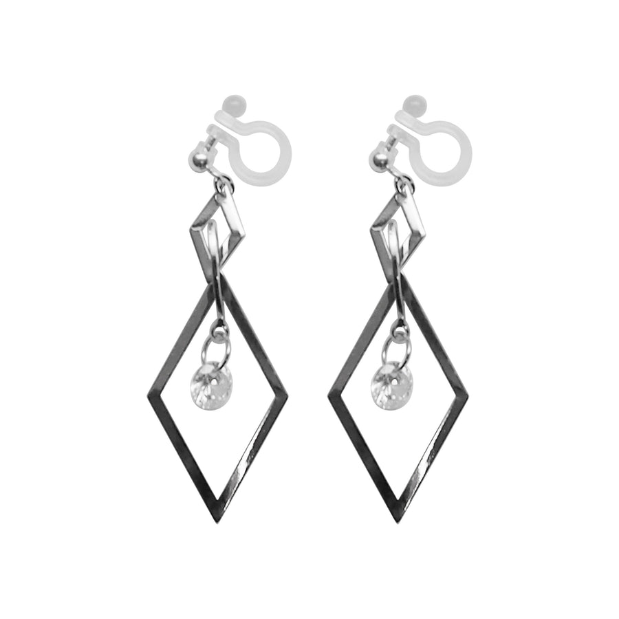Silver diamond shape hoop cubic zirconia crystal dangle invisible clip on earrings - Miyabi Grace