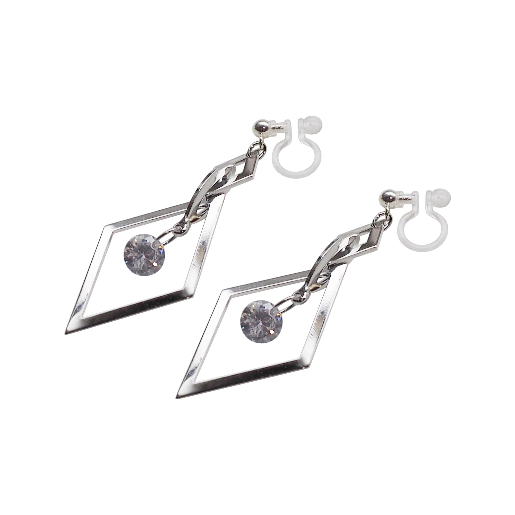 Silver diamond shape hoop cubic zirconia crystal dangle invisible clip on earrings - Miyabi Grace