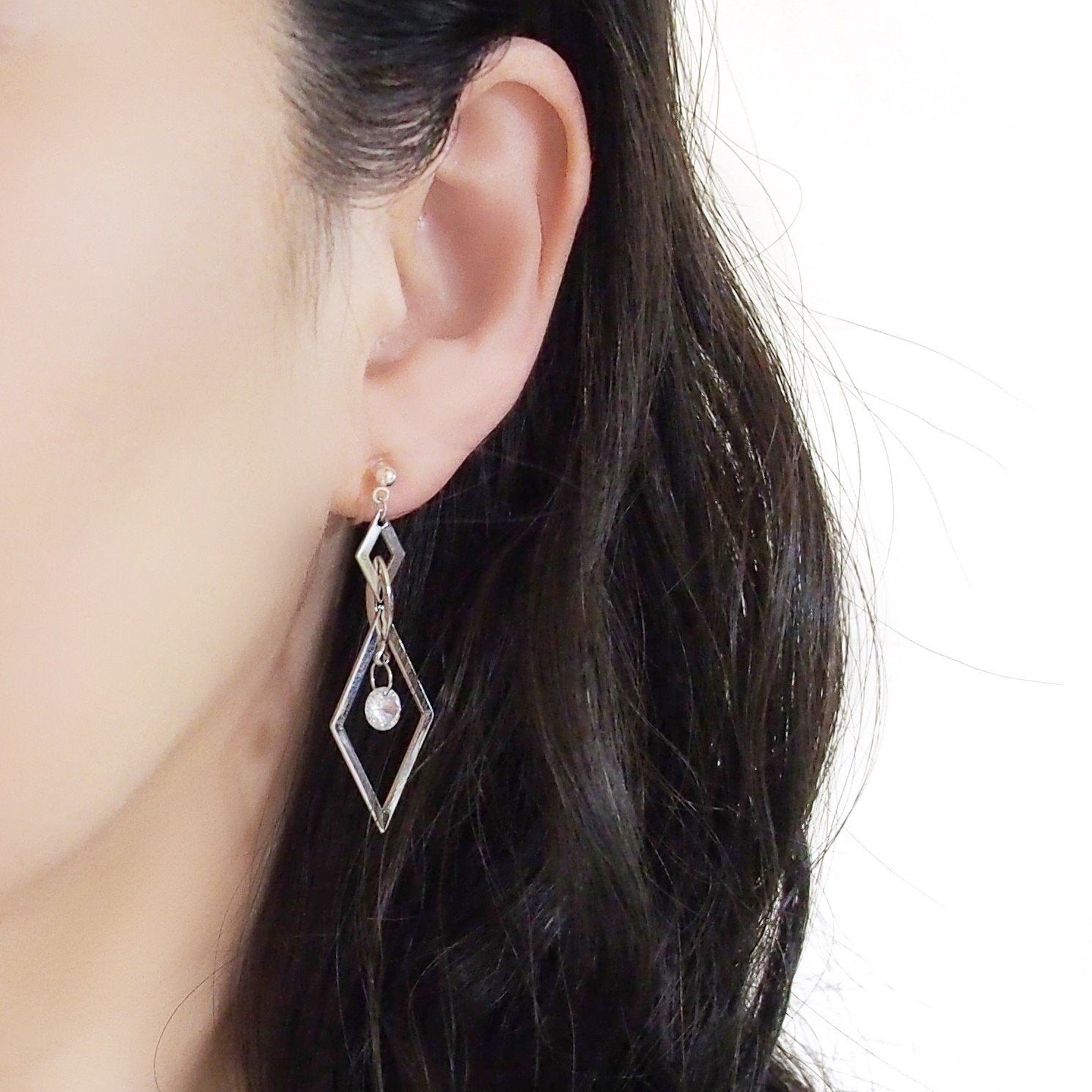 Silver diamond shape hoop cubic zirconia crystal dangle invisible clip on earrings - Miyabi Grace