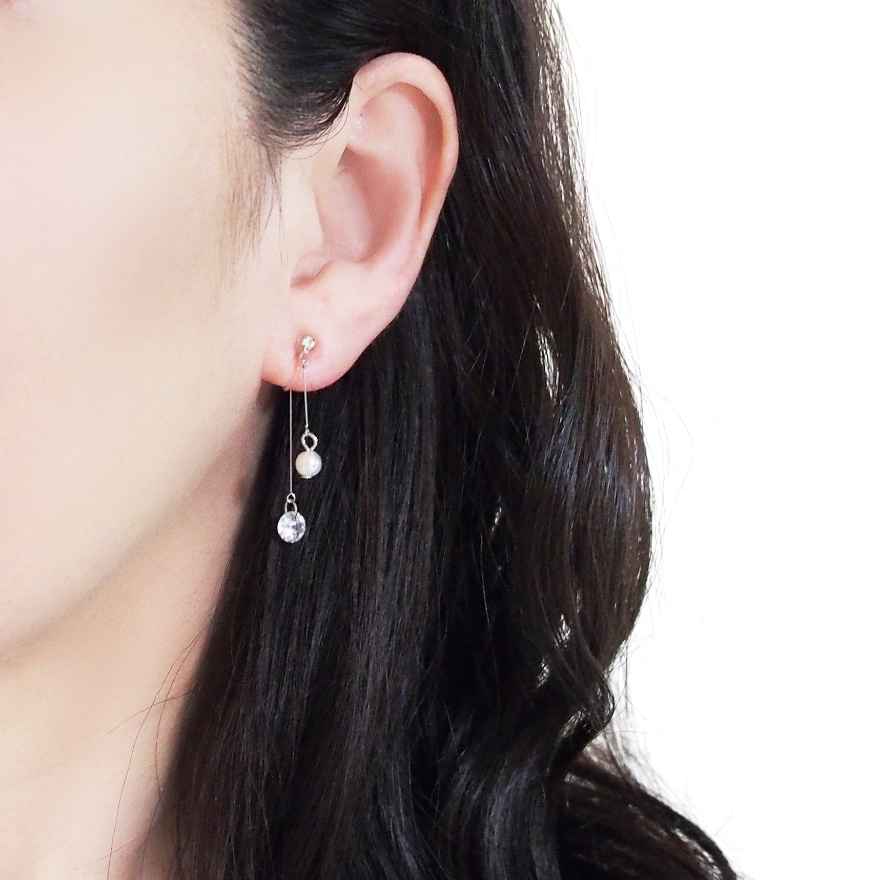 Silver double sided pearl & cubic zirconia crystal dangle invisible clip on earrings - Miyabi Grace