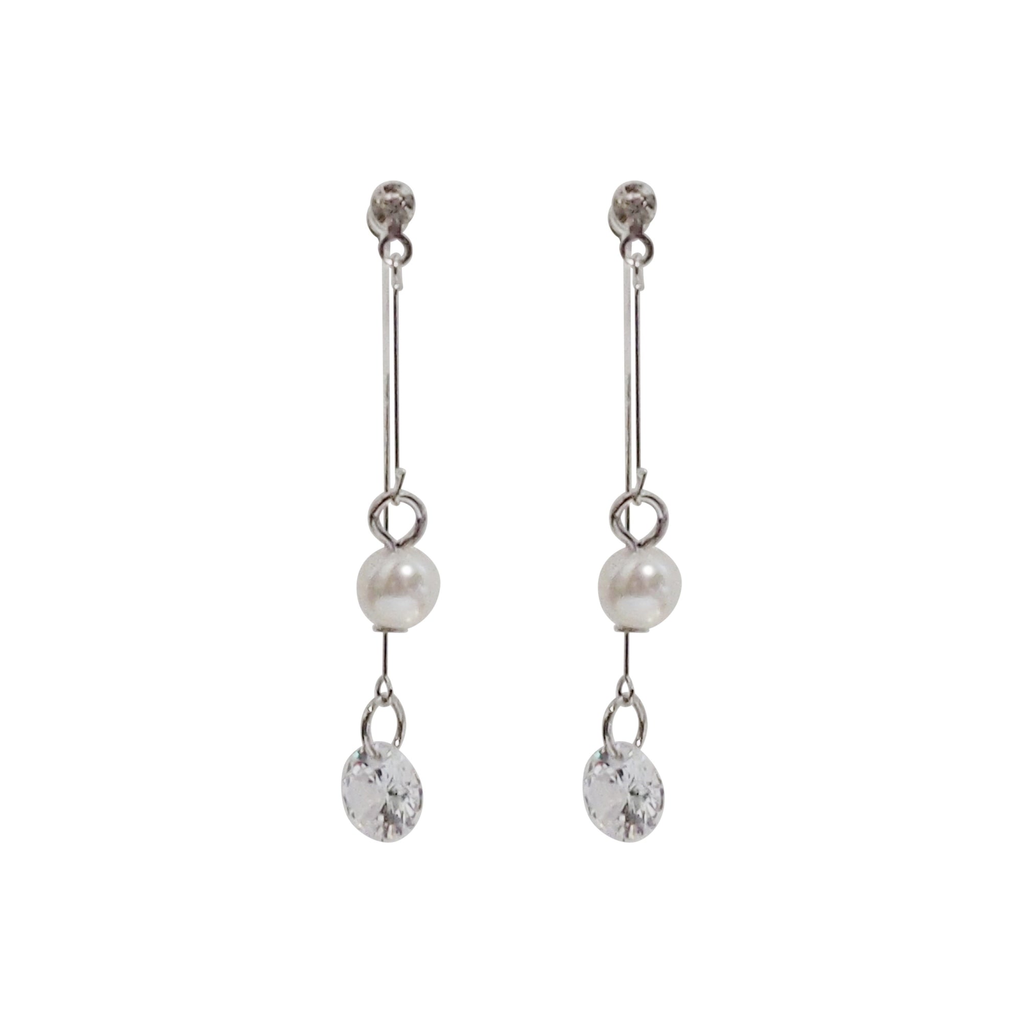 Silver double sided pearl & cubic zirconia crystal dangle invisible clip on earrings - Miyabi Grace