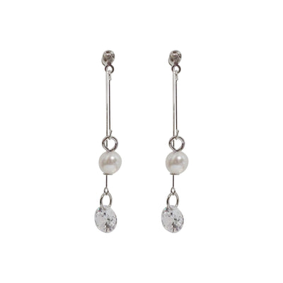 Silver double sided pearl & cubic zirconia crystal dangle invisible clip on earrings - Miyabi Grace