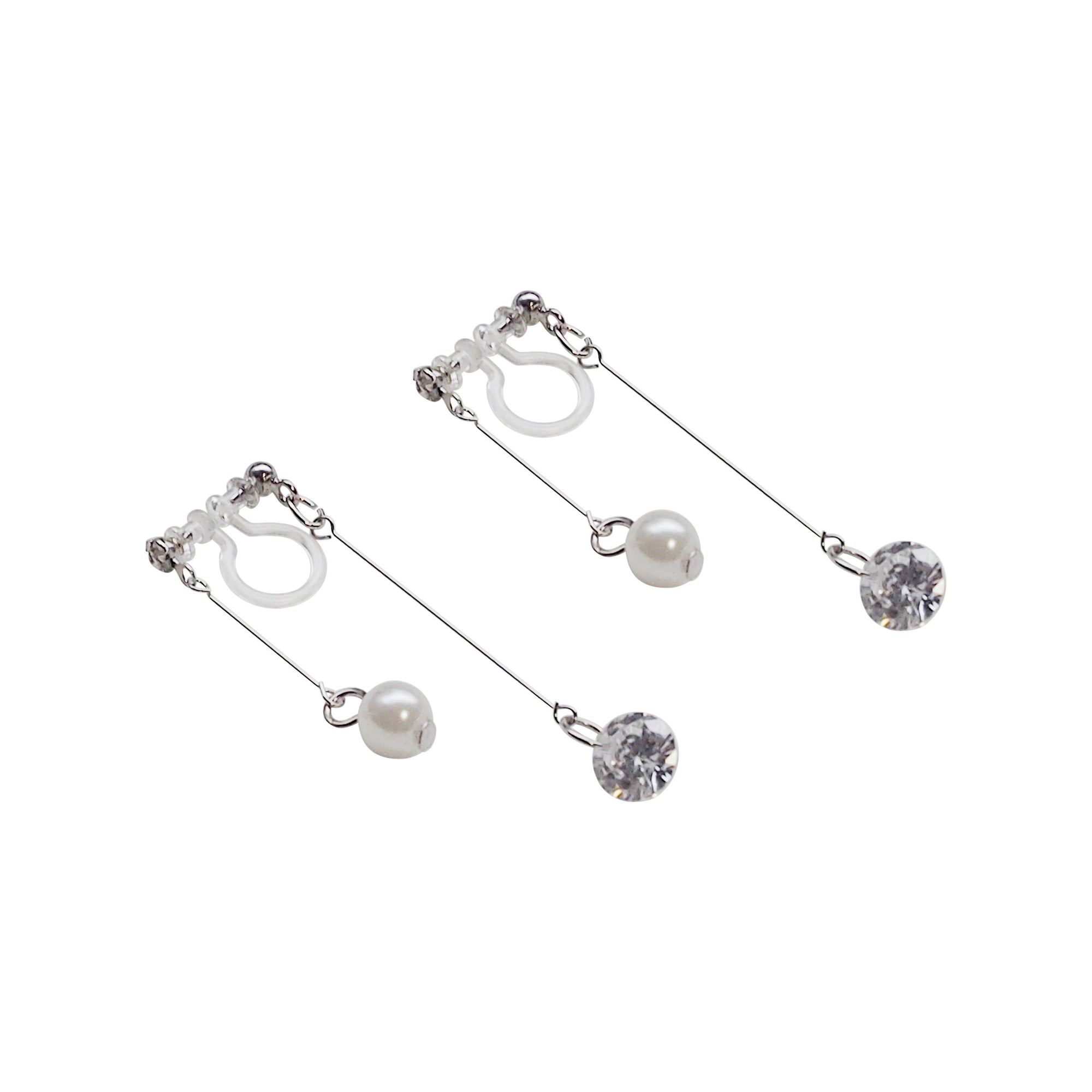 Silver double sided pearl & cubic zirconia crystal dangle invisible clip on earrings - Miyabi Grace