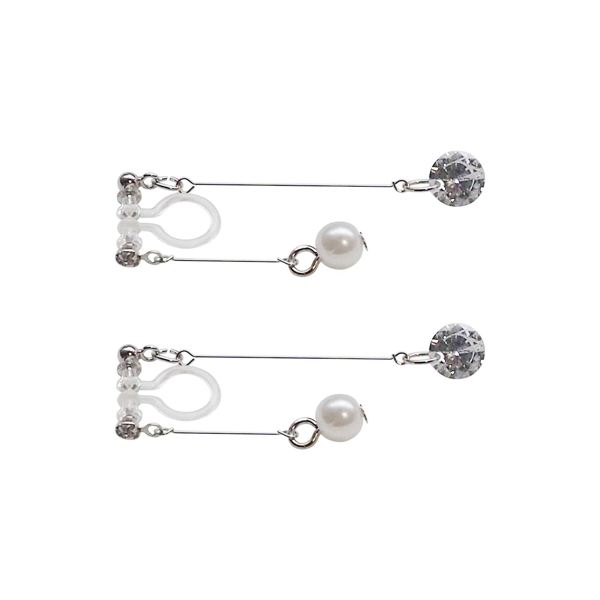 Silver double sided pearl & cubic zirconia crystal dangle invisible clip on earrings - Miyabi Grace