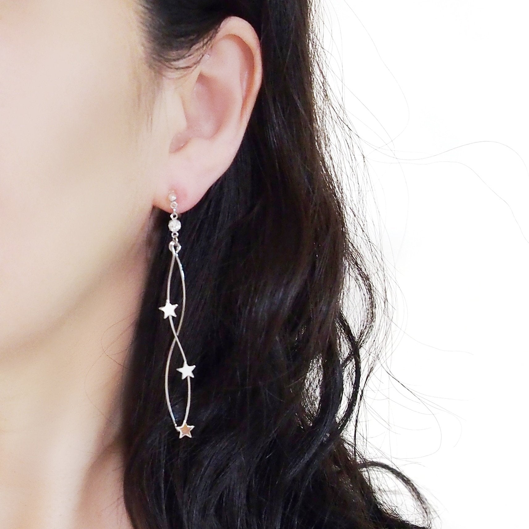 Silver star wave bar dangle invisible clip on earrings - Miyabi Grace