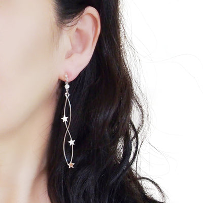 Silver star wave bar dangle invisible clip on earrings - Miyabi Grace