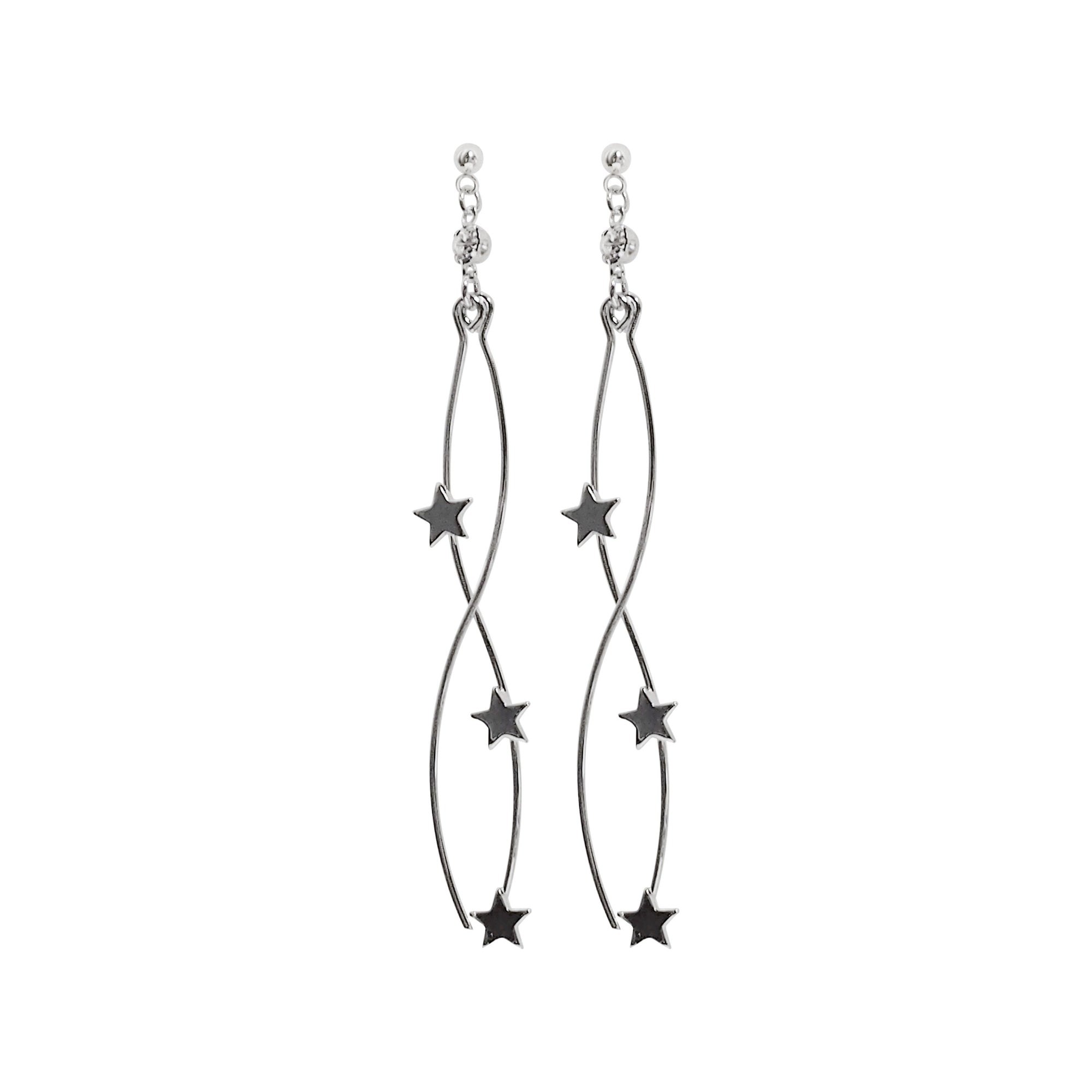 Silver star wave bar dangle invisible clip on earrings - Miyabi Grace