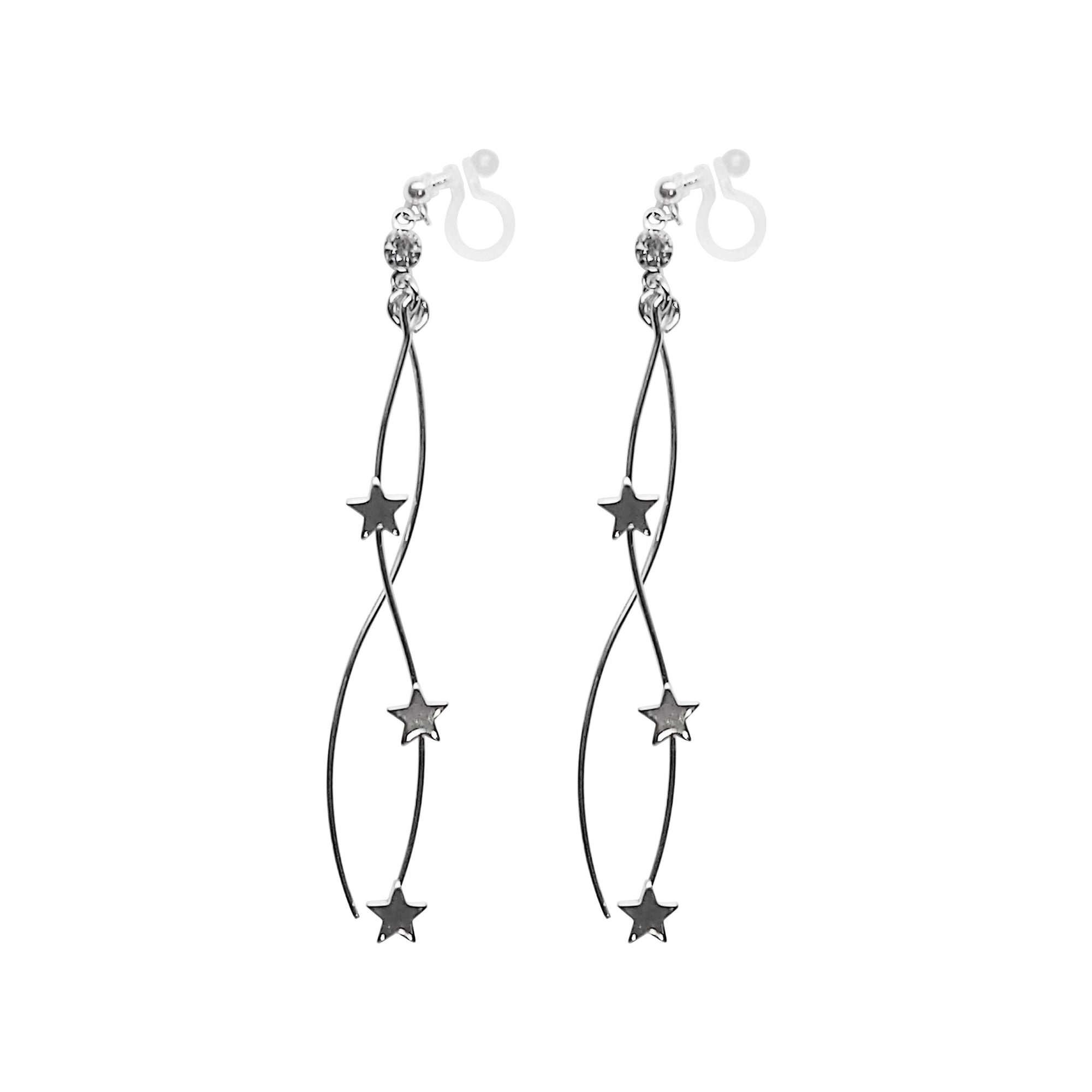 Silver star wave bar dangle invisible clip on earrings - Miyabi Grace