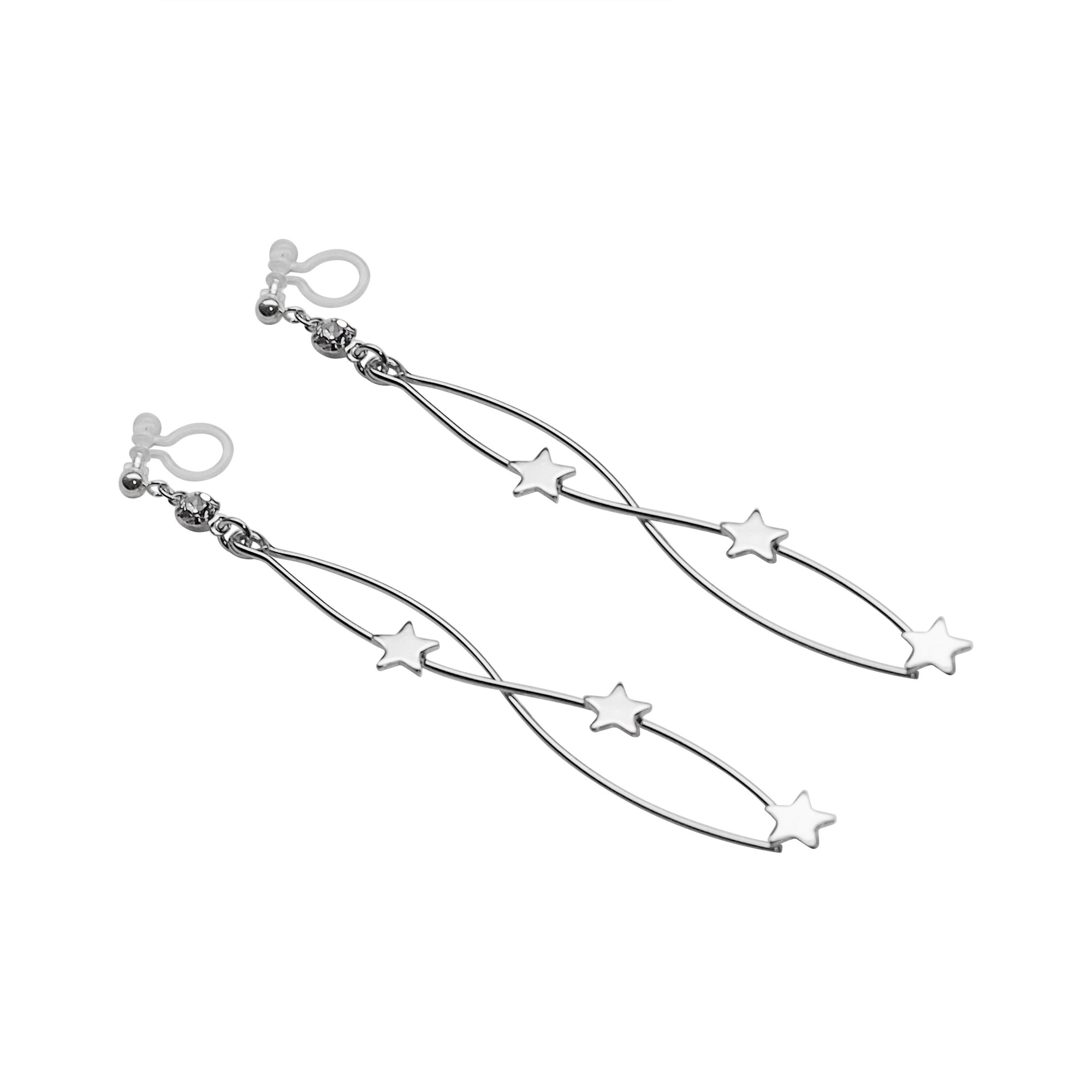 Silver star wave bar dangle invisible clip on earrings - Miyabi Grace