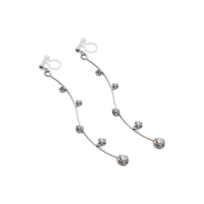 Silver waved bar rhinestone crystal dangle invisible clip on earrings - Miyabi Grace