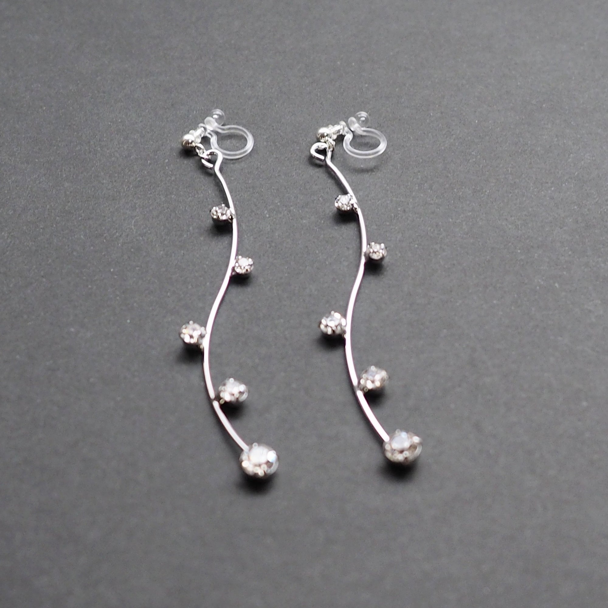 Silver waved bar rhinestone crystal dangle invisible clip on earrings - Miyabi Grace