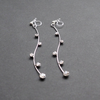 Silver waved bar rhinestone crystal dangle invisible clip on earrings - Miyabi Grace