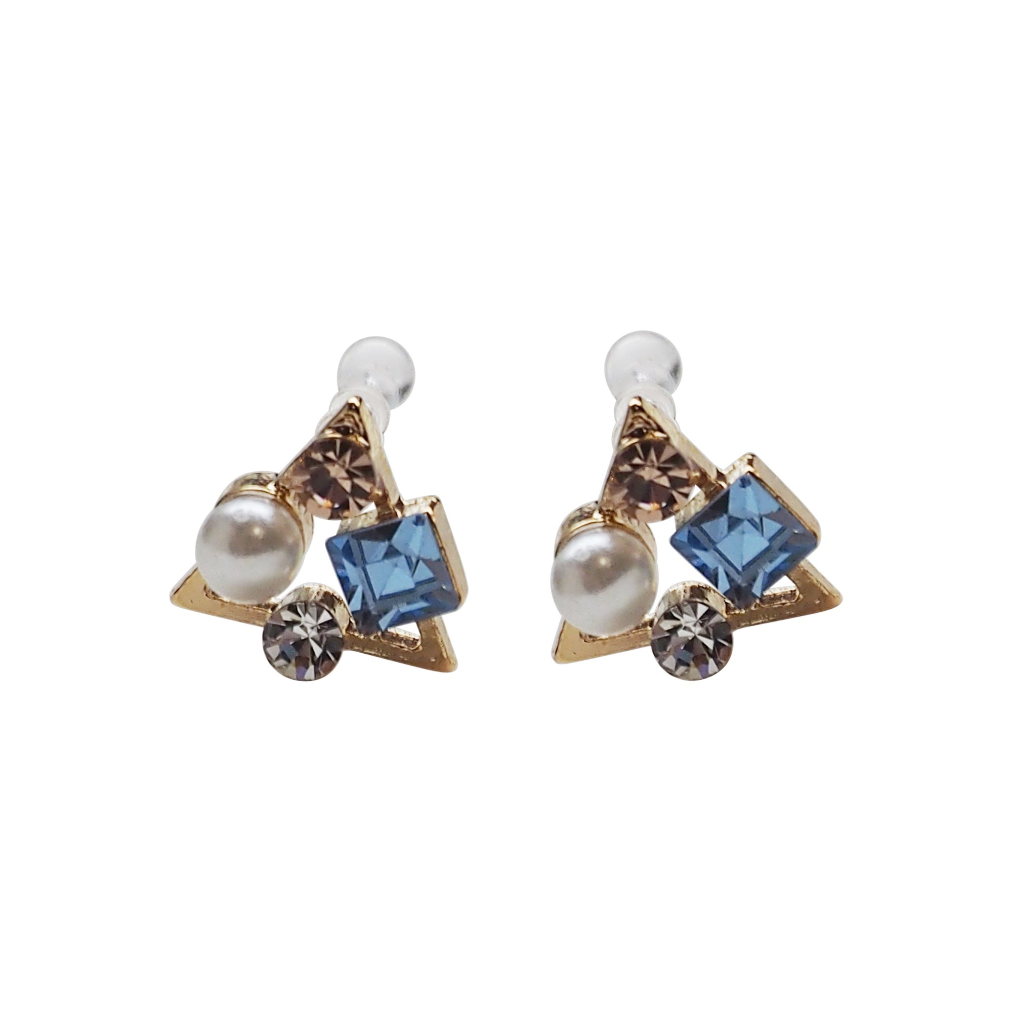 Light Blue Swarovski Crystal & White Pearl Invisible Clip On Stud Earrings - Miyabi Grace