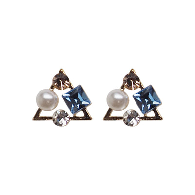 Light Blue Swarovski Crystal & White Pearl Invisible Clip On Stud Earrings - Miyabi Grace