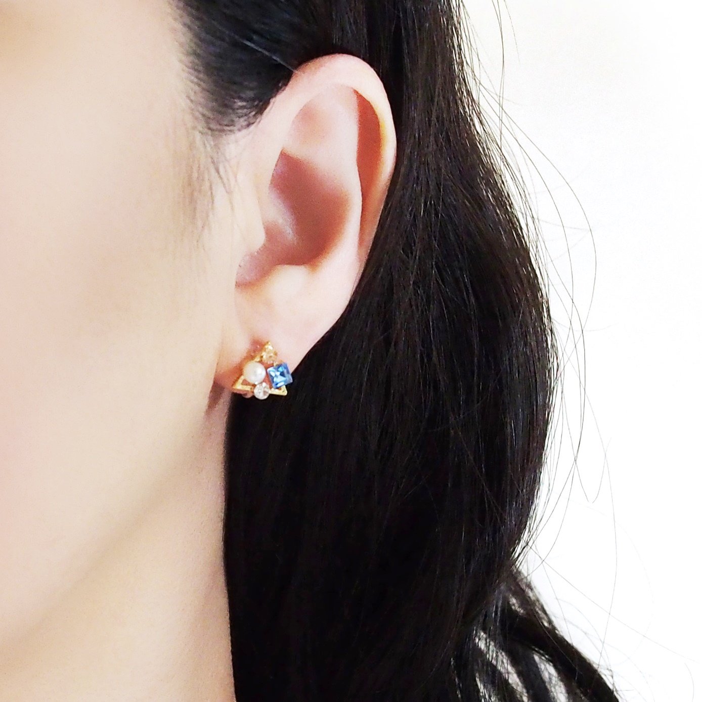 Light Blue Swarovski Crystal & White Pearl Invisible Clip On Stud Earrings - Miyabi Grace