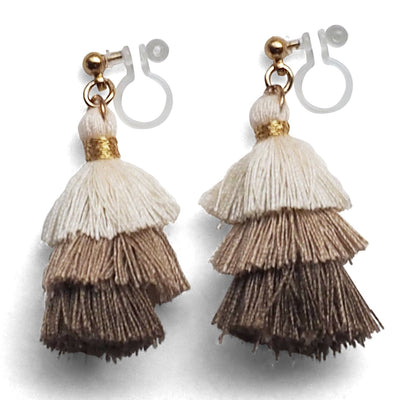 Three Layered Ombre Stacked White Beige Brown Tiered Tassel Invisible Clip On Earrings - miyabigracejewelry.com