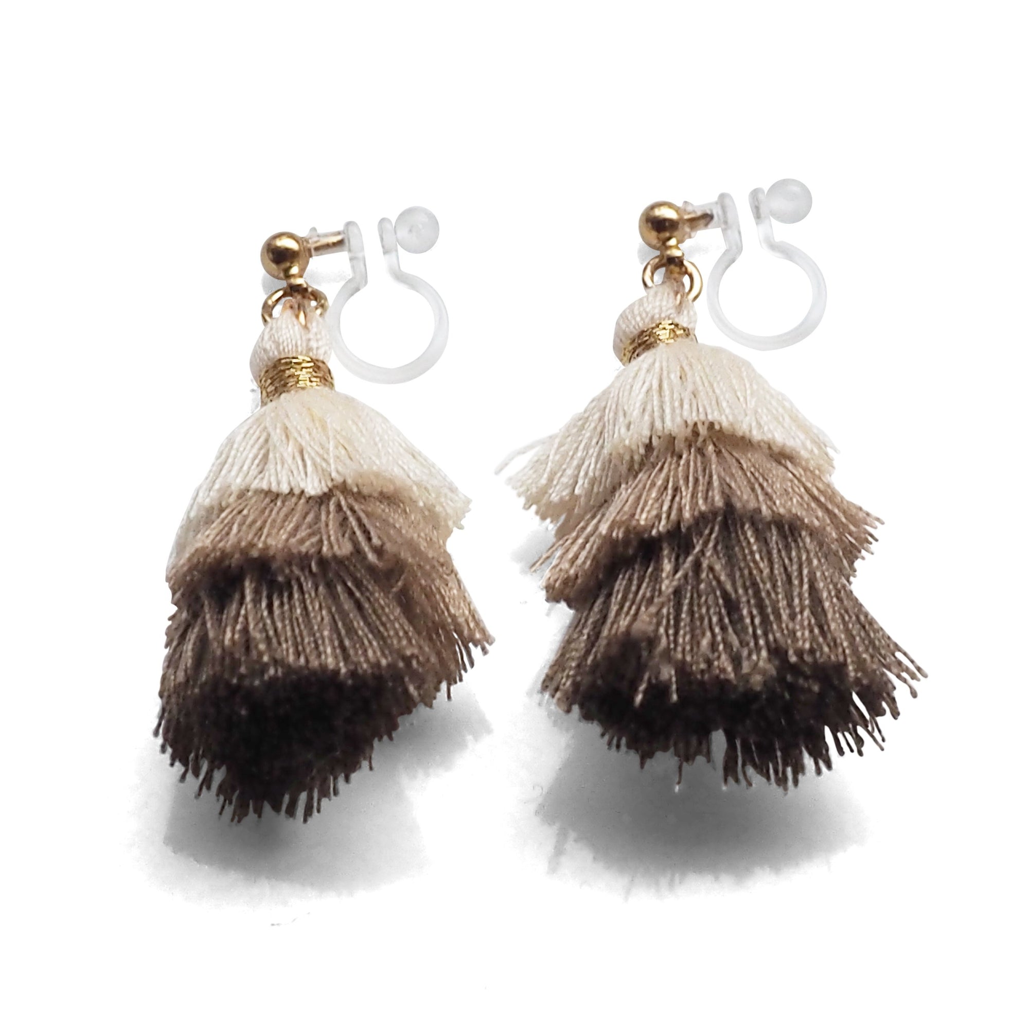 Three Layered Ombre Stacked White Beige Brown Tiered Tassel Invisible Clip On Earrings - miyabigracejewelry.com