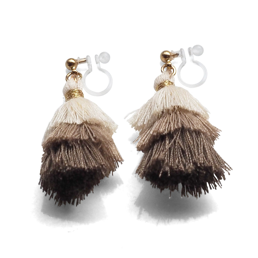 Three Layered Ombre Stacked White Beige Brown Tiered Tassel Invisible Clip On Earrings - miyabigracejewelry.com