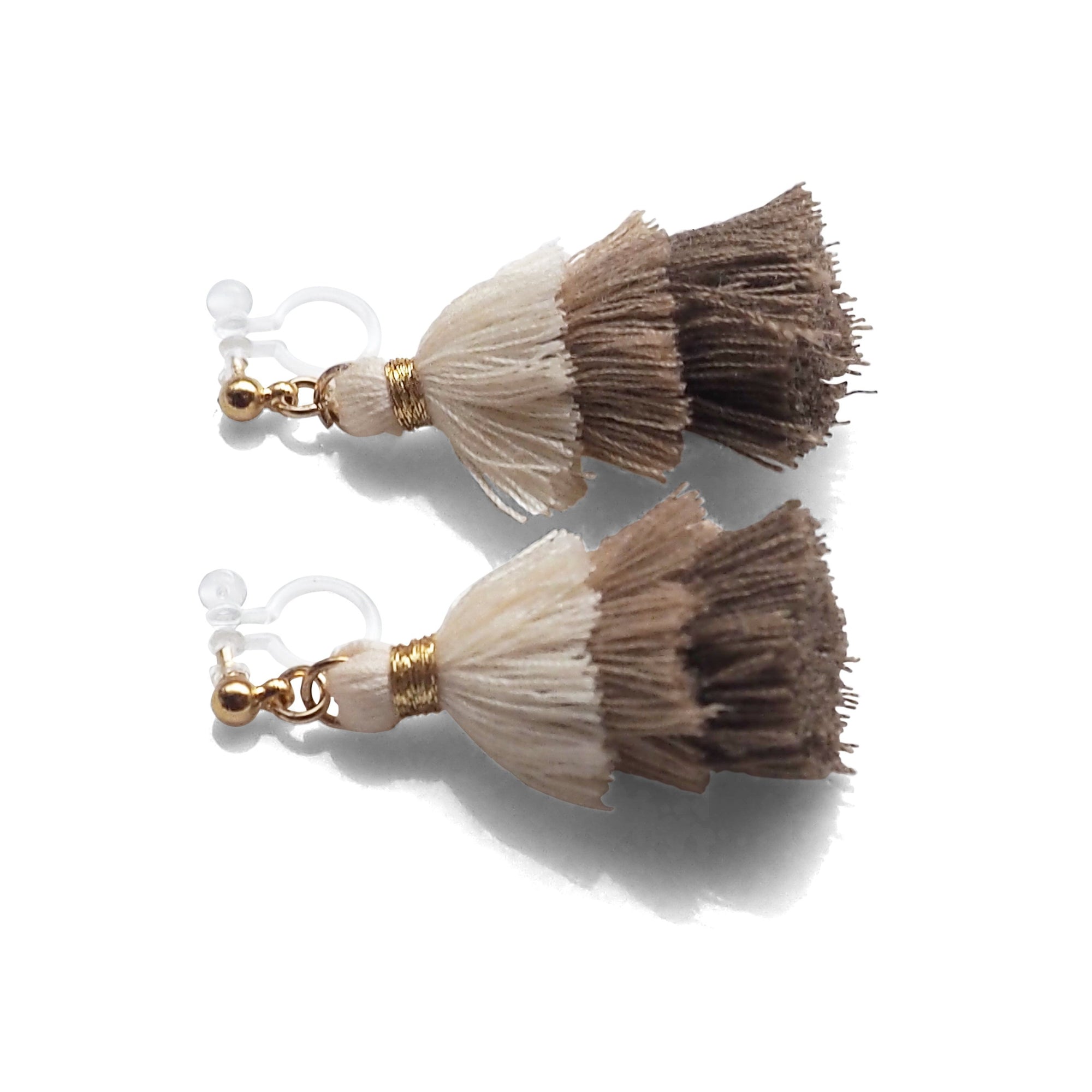 Three Layered Ombre Stacked White Beige Brown Tiered Tassel Invisible Clip On Earrings - miyabigracejewelry.com