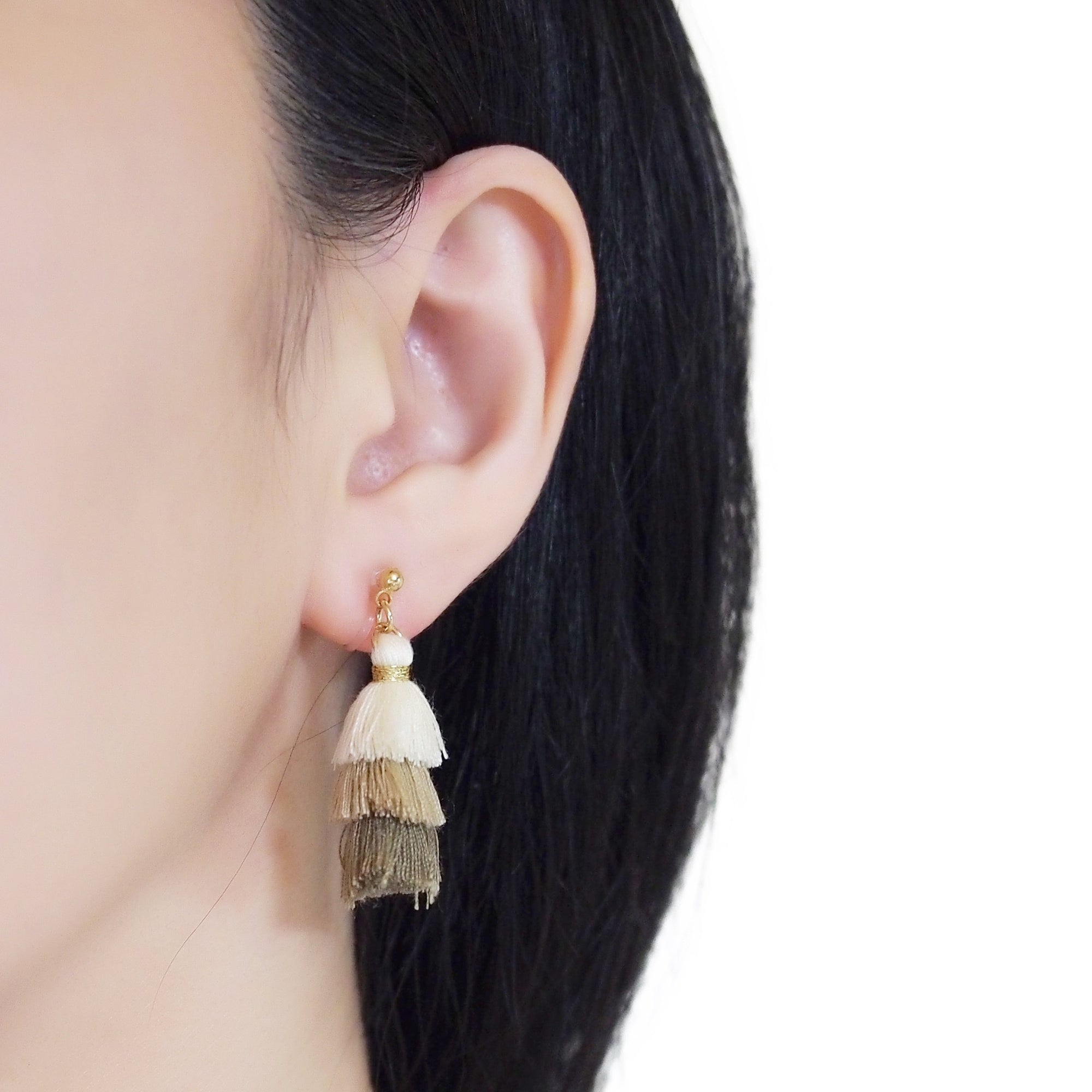 Three Layered Ombre Stacked White Beige Brown Tiered Tassel Invisible Clip On Earrings - miyabigracejewelry.com