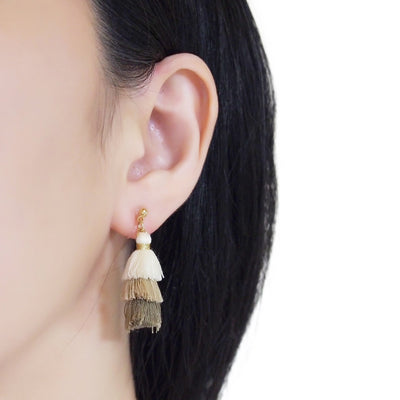 Three Layered Ombre Stacked White Beige Brown Tiered Tassel Invisible Clip On Earrings - miyabigracejewelry.com