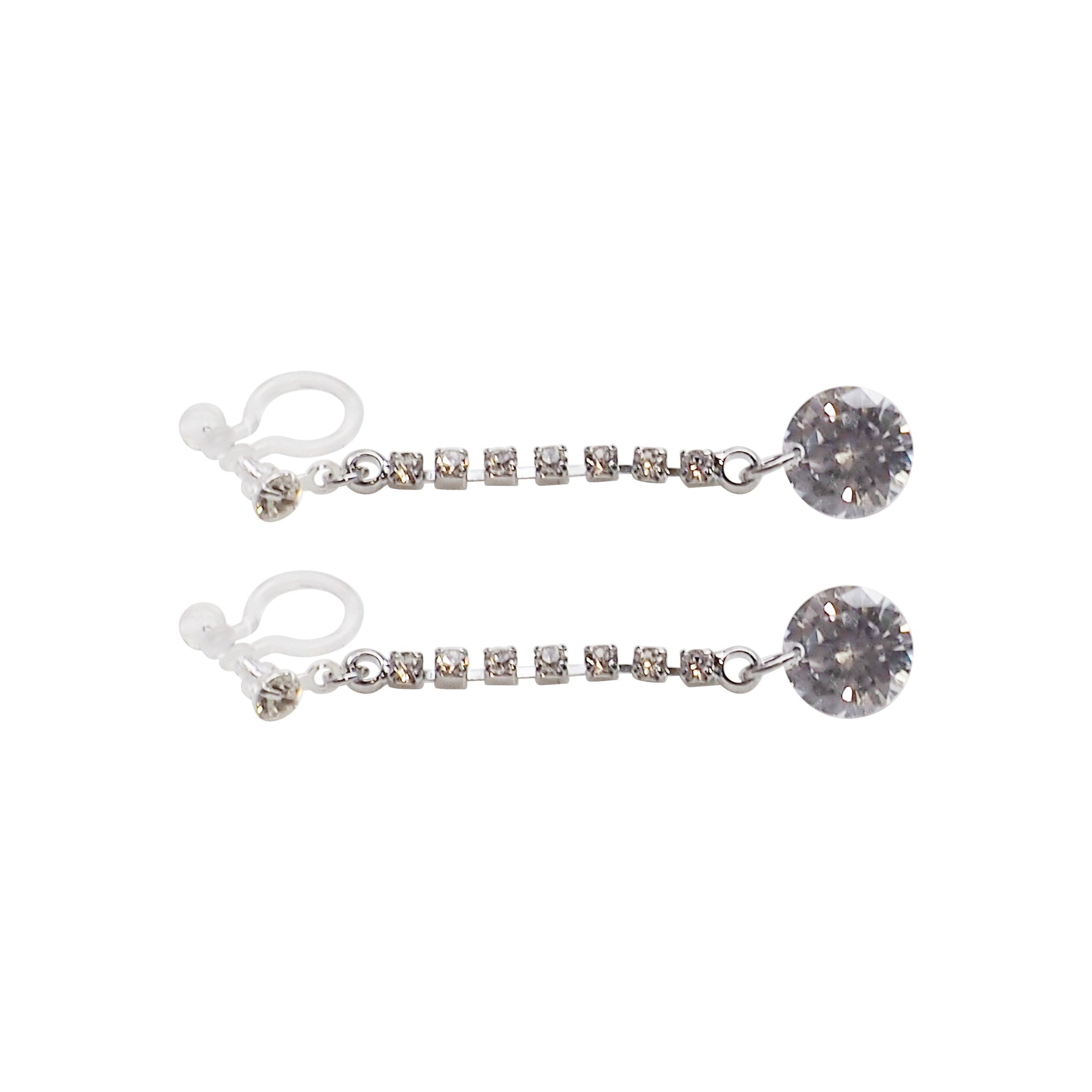 Silver cubic zirconia crystal dangle invisible clip on earrings - Miyabi Grace