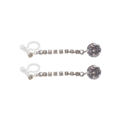 Silver cubic zirconia crystal dangle invisible clip on earrings - Miyabi Grace