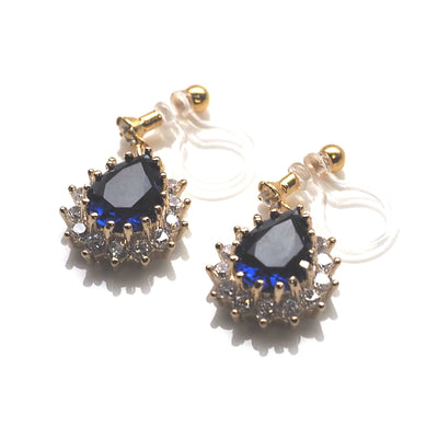 Teardrop navy blue cubic zirconia invisible clip on earrings ( gold tone ) - miyabigracejewelry.com