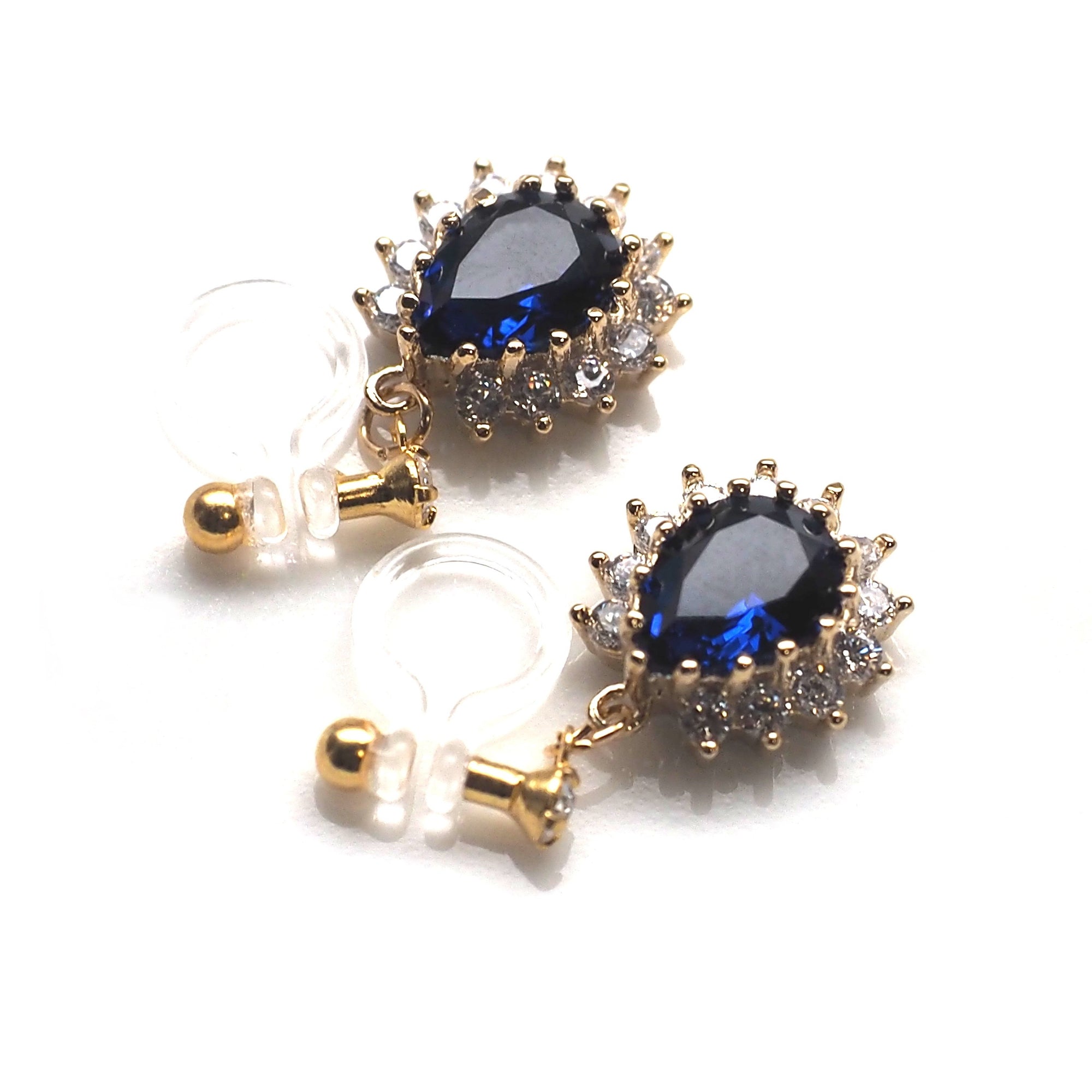 Teardrop navy blue cubic zirconia invisible clip on earrings ( gold tone ) - miyabigracejewelry.com