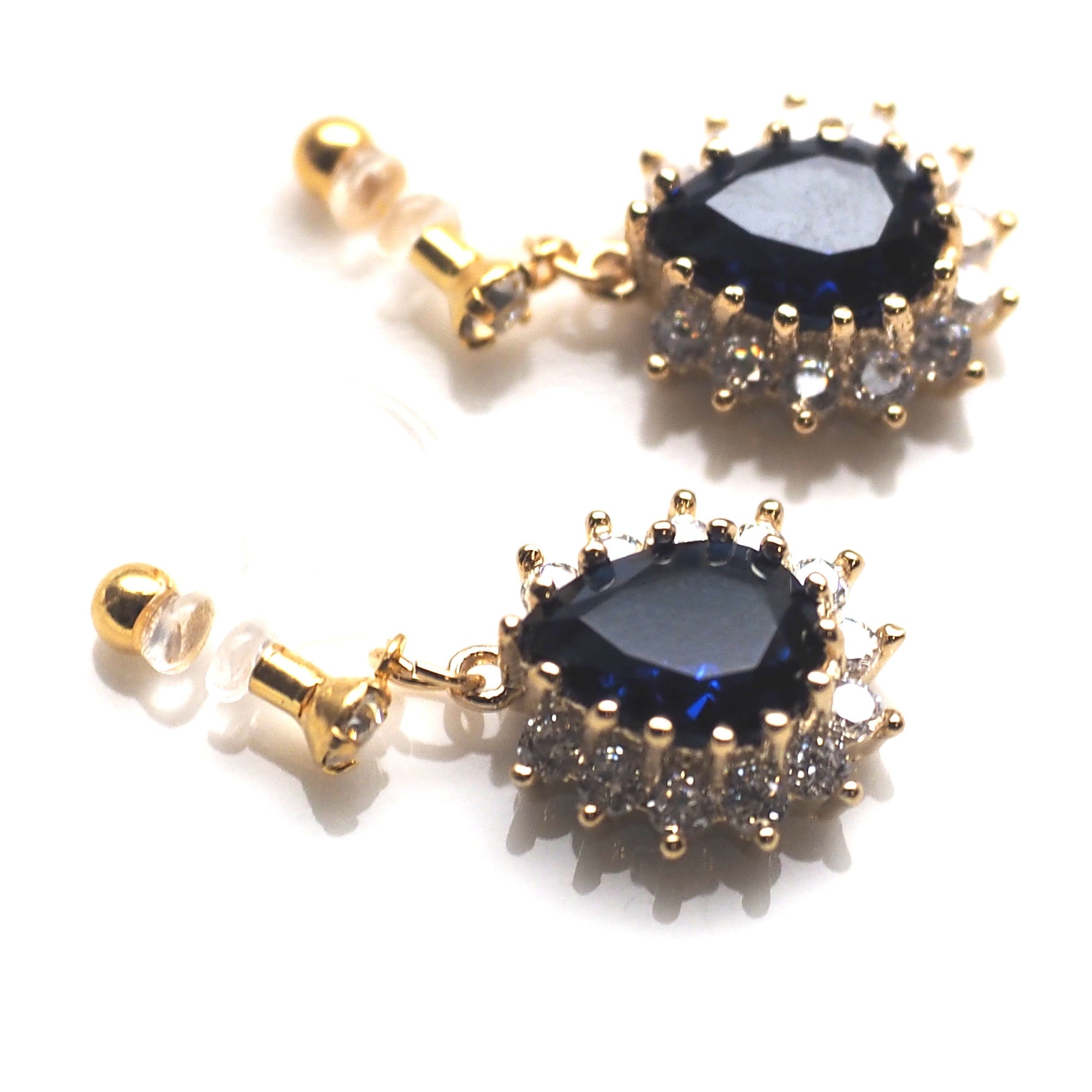 Teardrop navy blue cubic zirconia invisible clip on earrings ( gold tone ) - miyabigracejewelry.com